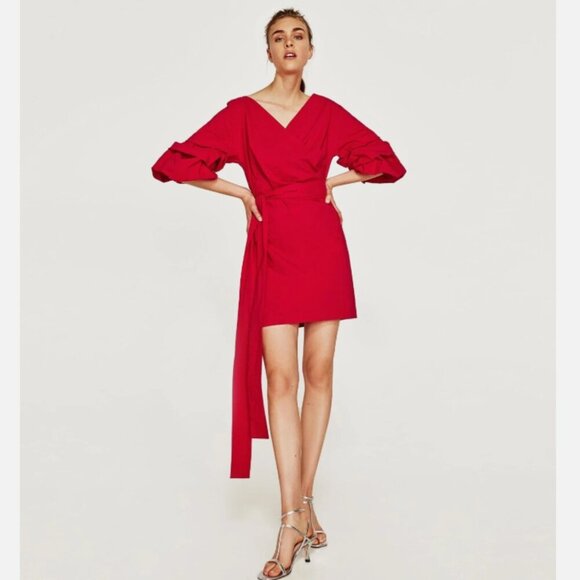 NWT ZARA Red Ruffle Sleeve Wrap Mini Dress XS - Picture 1 of 13